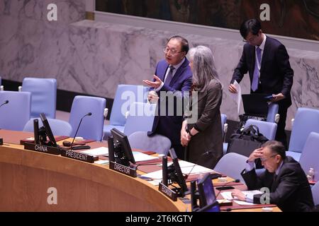 Vereinten Nationen, New York, USA, 10. November 2023 - Zhang Jun, Ständiger Vertreter Chinas bei den Vereinten Nationen und Präsident des Sicherheitsrats für den Monat November, führt den Vorsitz auf der Tagung des Sicherheitsrats zur Lage im Nahen Osten, einschließlich der Palästinenserfrage. Heute im Hauptquartier der Vereinten Nationen in New York City. Foto: Luiz Rampelotto/EuropaNewswire Stockfoto