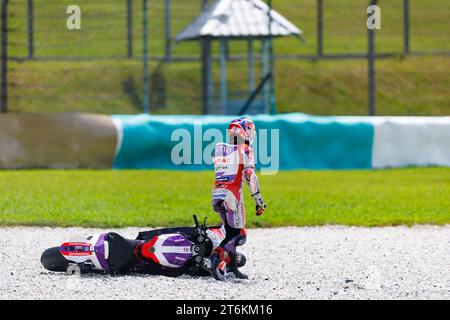 11. November 2023; Sepang International Circuit, Sepang, Selangor, Malaysia; 2023 Malaysian MotoGP, Qualifikationstag; Nummer 89 der Prima Pramac Racing Fahrer Jorge Martin stürzt beim Qualifying in Malaysia ab Stockfoto