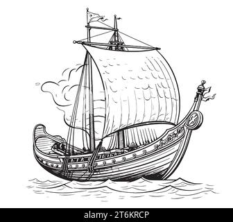 Drakkar schwimmt auf den Meereswellen. Handgezeichnetes Designelement Segelschiff. Vintage Vektor Gravur Illustration für Poster, Etikett, Stempel mit Segelboot. Isoliert auf weißem Hintergrund Stock Vektor