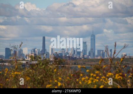 PRODUKTION - 16. Oktober 2023, USA, New York: Die Skyline von Manhattan mit dem Jamaica Bay Wildlife Refuge im Vordergrund. Das Jamaica Bay Wildlife Refuge ist zusammen mit mehreren anderen Gebieten in der New Yorker Metropolregion Teil der Gateway National Recreation Area, die vor etwa 50 Jahren gegründet wurde. (Zu dpa 'Jamaica Bay: Fighting the Climate Crisis on New Yorks Skyline') Foto: Christina Horsten/dpa Stockfoto