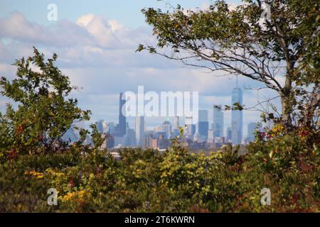 PRODUKTION - 16. Oktober 2023, USA, New York: Die Skyline von Manhattan mit dem Jamaica Bay Wildlife Refuge im Vordergrund. Das Jamaica Bay Wildlife Refuge ist zusammen mit mehreren anderen Gebieten in der New Yorker Metropolregion Teil der Gateway National Recreation Area, die vor etwa 50 Jahren gegründet wurde. (Zu dpa 'Jamaica Bay: Fighting the Climate Crisis on New Yorks Skyline') Foto: Christina Horsten/dpa Stockfoto