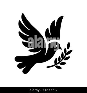 Taubensymbol. Schwarze Silhouette einer Taube im Flug mit einem Olivenzweig auf weißem Hintergrund. Friedenssymbol. Religiöse Ikone. Vektorabbildung. Stock Vektor