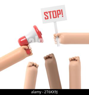 Zeichentrickhände von Dämonstranten und Hand mit Megaphon und Stoppzeichen, Protestkonzept, Revolution, Konflikt, 3D-Rendering auf weißem Hintergrund. Stockfoto