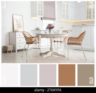 Helles und gemütliches Esszimmer mit Möbeln. Farbpalette passend zu diesem Innendesign Stockfoto