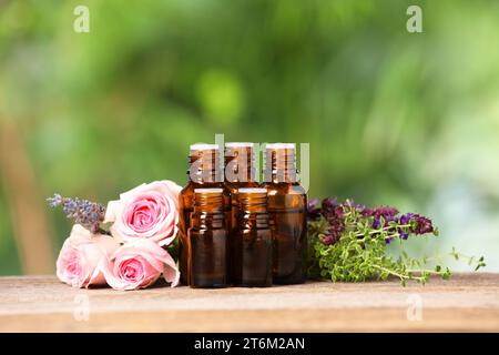 Flaschen mit ätherischen Ölen, Kräutern und Blumen auf Holztisch vor verschwommenem grünem Hintergrund. Leerzeichen für Text Stockfoto