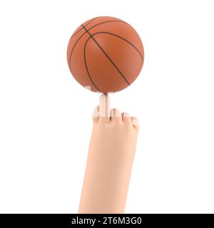 Cartoon Gesture Icon Mockup.3d die Hand eines Geschäftsmannes dreht einen Basketballball auf seinem Finger, 3D-Rendering auf weißem Hintergrund. Stockfoto