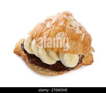 Köstliches Croissant mit Banane und Schokolade isoliert auf weiß Stockfoto