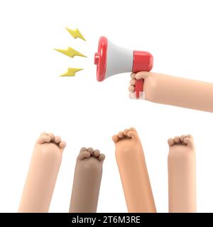 Zeichentrickhände von Dämonstranten und Hand mit Megaphon, Protestkonzept, Revolution, Konflikt, 3D-Illustration in flacher Konstruktion .3D-Rendering auf weißem Hintergrund Stockfoto