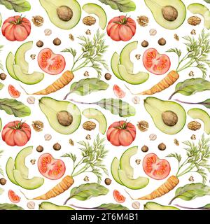 Handgezeichnet Aquarell Gemüse, Salat und Nüsse Mischung für Ernährung, gesunden Lebensstil, vegane Kochen. Abbildung nahtloses Muster isoliert auf weiß Stockfoto