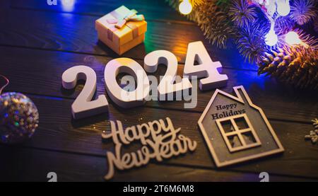 Frohe Weihnachten 2024 Hintergrund Neujahrsfeiertagskarte mit Hell Stockfoto
