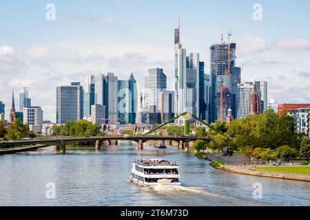 Allgemeine Ansicht der Wolkenkratzer des Finanzviertels in Frankfurt am Main mit einem Touristenboot auf dem Main im Vordergrund. Stockfoto