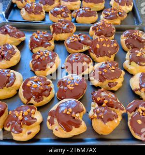 Hausgemachter Vanillecremepuff, Choux a la Creme mit Schokoladenbelag Stockfoto