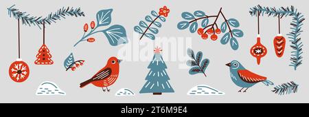 Winter mit Blumen und Vögeln im skandinavischen Retro-Stil. Vintage Hand gezeichnet Cartoon Clipart - Zweig, Beere, Spielzeug, Dekoration für Weihnachtskarte Stock Vektor
