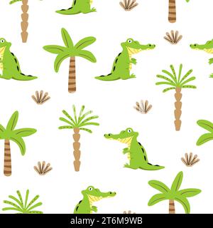 Nahtloses Strickmuster mit Krokodilen. Vektor-Illustration mit niedlichen Alligatoren und Palmen. Babydruck Stock Vektor