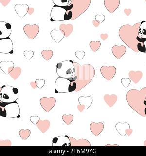 Nahtloses Liebesmuster mit süßen Pandabären und Herzen. Valentinstag-Design, Geschenkpapier Stock Vektor