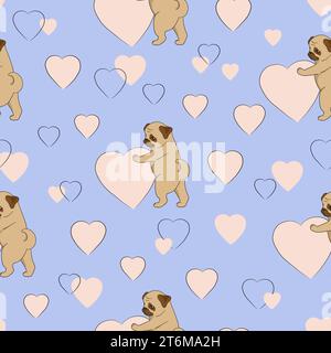 Nahtloses Liebesmuster mit niedlichen Mops und Herzen. Valentinstag-Design mit lustigen Hunden, Geschenkpapier Stock Vektor