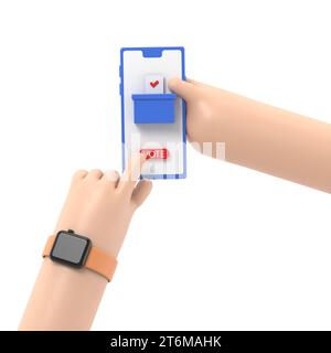Online-Abstimmungskonzept. 3D-Illustration isometrischer Konstruktionsstil. Ein Mann hält ein Smartphone in der Hand. Treffen Sie Ihre Wahl. Bulletin, wird in die Wahlurne gelegt. El Stockfoto