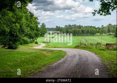 Feldweg führt durch das Dorf im Tal inmitten der Sommernatur. Die Schönheit der lettischen Naturfelder Wälder Bauernhäuser und Häuser sichtbar Stockfoto