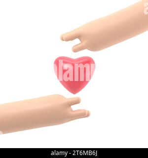 Krankenversicherungskonzept. Schutz Gesundheit. Pflege medizinisch. Die Handflächen schützen das Herz. Symbol Healthcare.3D-Rendering auf weißem Hintergrund. Stockfoto