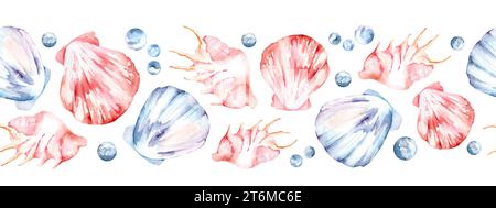 Nahtloser Rand mit Muscheln. Handgezeichnete Aquarellillustration auf weißem isoliertem Hintergrund für Banner. Sea Shell Muster für Design in nautischen s Stockfoto