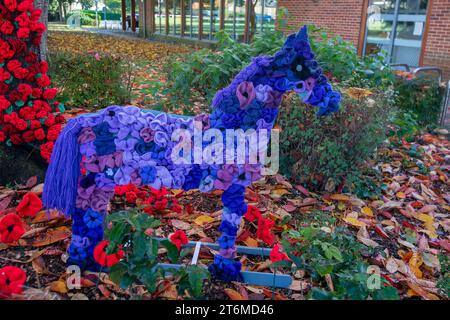 Burnham, Großbritannien. November 2023. Damen von der Burnham TownsWomen's Guild haben gehäkelte Mohngirlande vor der Burnham Park Hall im Dorf Burnham, Buckinghamshire, für den heutigen Waffenstillstandstag und den morgigen Gedenktag hinzugefügt, wenn an die Gefallenen während des Ersten und Zweiten Weltkriegs erinnert wird. Es gibt Bedenken, dass der Pro-Palästina-marsch in London und anderen Städten Großbritanniens an diesem Wochenende zu Gewalt auf den Straßen führen könnte. Quelle: Maureen McLean/Alamy Live News Stockfoto