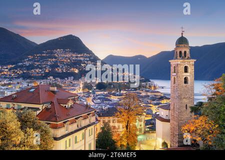 Lugano, Switzerland at dawn in autumn on Lake Lagano. Stockfoto