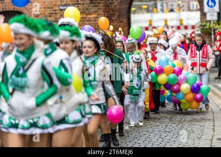 11. November 2023, Brandenburg, Cottbus: Karnevalsfreunde laufen zum Cottbuser Rathaus, wo sie in einem symbolischen Sturm auf das Rathaus die Schlüssel zur Stadt übernehmen wollen. Foto: Frank Hammerschmidt/dpa Stockfoto