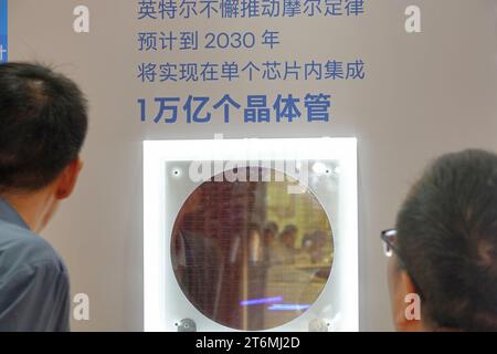 SHANGHAI, CHINA - 8. NOVEMBER 2023 - Besucher sehen ein Modell eines Wafers, das 1 Billion Transistoren in einem einzigen Chip beim 6. CIIE i integriert Stockfoto