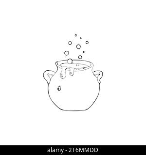 Skizze mit Hexenkopf. Pfanne für Hexerei, Alchemie. ?Ooking Utensil Vektor Illustration isoliert auf einem weißen Hintergrund. Handgezeichnetes Halloween-Designelement Stock Vektor