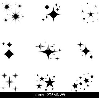 Eine Reihe von leuchtenden und leuchtenden Sternen, funkelnden Sternsymbolen und Sternen mit festlichen Dekorationspartikeln erzeugen einen abstrakten, geradlinigen Effekt. Funkelnder Stern Stock Vektor