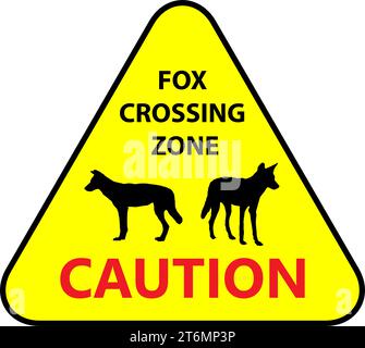 Gelbes Straßenschild: Fox Crossing Zone. Fahren Sie langsam, um die Tiersicherheit zu gewährleisten. Häufig auf Straßen. Vektorillustration auf weißem Hintergrund. Stock Vektor