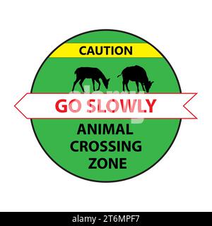 Straßenschild: Animal Crossing Zone. Hirsch und willd Ochse. Fahren Sie langsam, um die Tiersicherheit zu gewährleisten. Häufig auf Straßen. Vektorillustration auf weißem Hintergrund. Stock Vektor