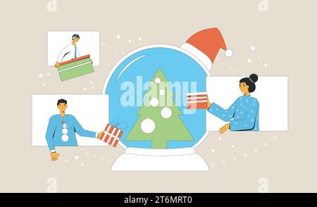 Weihnachten online. Videokonferenzen mit drei Freunden zum Austausch von Weihnachtsgeschenken. Virtuelles lustiges Event. Feiern Sie Weihnachten aus der Ferne. Vektorabbildung Stock Vektor