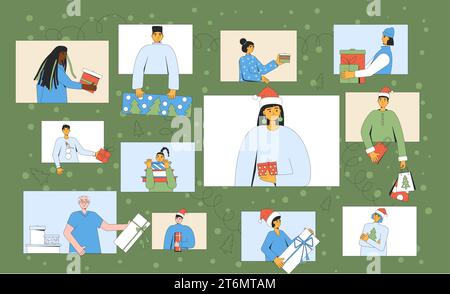 Online-Geschenkaustausch. Virtuelle Weihnachtsfeier. Virtuelles Weihnachtsfest. Feiern Sie das neue Jahr aus der Ferne. Vektorillustration von Menschen mit Geschenkboxen Stock Vektor
