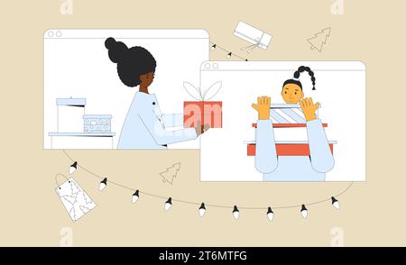 Online-Austausch von Weihnachtsgeschenken. Virtuelles Weihnachtsfest. Freunde feiern das neue Jahr aus der Ferne. Vektorillustration von Menschen mit Geschenkschachteln. Stock Vektor