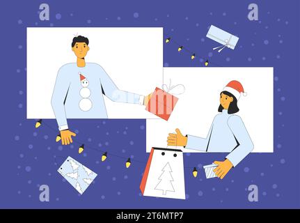 Virtuelles Weihnachtsdatum. Teilen Sie Geschenke im Internet. Freunde, die die Winterferien online feiern. Neujahrsveranstaltung per Videoanruf. Vektorabbildung Stock Vektor