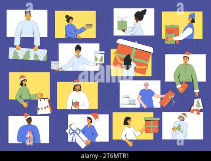 Online-Weihnachtsveranstaltung. Sich gegenseitig Weihnachtsgeschenke über Videoanrufe schenken. Glückliche Menschen mit Neujahrsgeschenken. Richten Sie Personen mit Geschenkschachteln ein. Vektorillust Stock Vektor