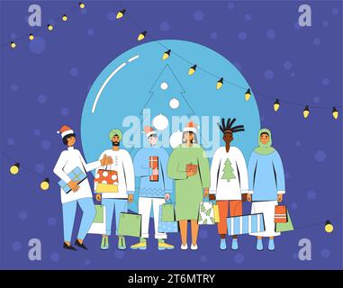 Weihnachtsfeier. Freunde tauschen Weihnachtsgeschenke aus. Glückliche Menschen mit Geschenken, die Neujahr feiern. Vektorillustration von Freunden mit Geschenkschachteln. Stock Vektor