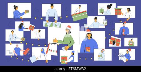 Virtuelles Weihnachtsfest. Leute Videokonferenzen, um Weihnachtsgeschenke auszutauschen. Bunte Vektor-Illustration Set von Charakteren mit Geschenken und Geschenkboxen Stock Vektor