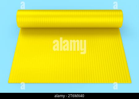 Gelbe Yogamatte oder leichte Schaumstoff-Campingbett-Rollauflage isoliert auf blauem Hintergrund. 3d-Rendering von Sportgeräten für Fitness, Yoga und Active Wor Stockfoto