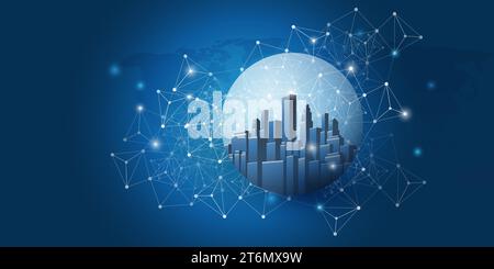 Dunkelblau: Futuristisches Design für Smart City, IoT und Cloud Computing mit polygonalem Mesh, Cluster und leuchtenden Knoten – Global Digital Network Connec Stock Vektor