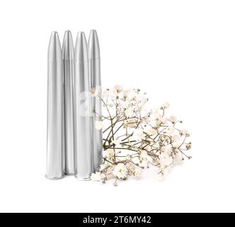 Kugeln und schöne Blumen isoliert auf weiß Stockfoto