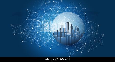 Futuristisches Designkonzept für Smart City, IoT und Cloud Computing mit polygonalem 3D-Netz, Cluster und Knoten – Skyline in einem Glaskugel – Digital Stock Vektor