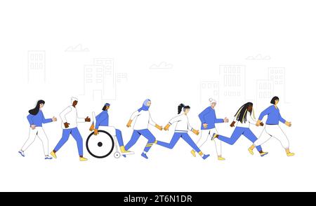 Lauffrauen. Unterschiedliche Alters-, Lauf- und Kulturlauferinnen, Athleten, sportliche Frauen. Vielfältige Artikation in Sportrennen, athletische compe Stock Vektor