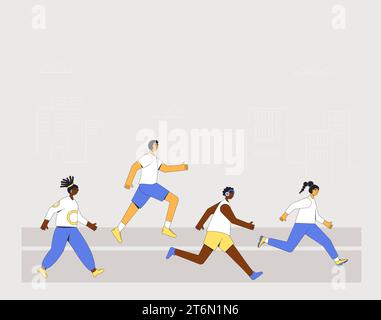 Leute laufen lassen. Verschiedene Läufer, Athleten, sportliche Charaktere. Vielfältige Teilnahme an Sportrennen, Sportwettbewerben. Marathon, Übung. Knick Stock Vektor