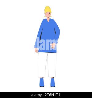 Eine junge Frau mit blonden lockigen Haaren. Weibliche Figur in lässiger Kleidung, isoliert auf weißem Hintergrund. Abbildung der Vektorfarbe Stock Vektor