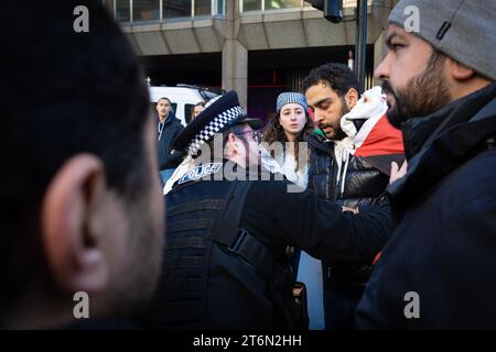 London, Großbritannien 11. November 2023. Ein Mann wird während eines palästinensermarsches angegriffen, nachdem eine kleine Gruppe das Cenotaph verlassen hatte und in der Nähe des marsches kollidierte. Tommy Robinson äußerte das Motiv, jeden pro-palästinensischen Demonstranten abzuschrecken, der während des Remembrance Weekends durch Whitehall marschieren wollte. Dies geschieht nach fünf aufeinanderfolgenden Wochen Proteste, um den Krieg in Gaza zu beenden.ÊAndy Barton/Alamy Live News Stockfoto