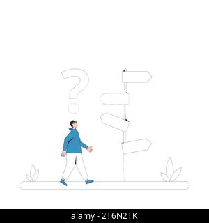 Aufmerksamer Mann, der am Wegweiser steht. Verwirrte Person, die über den richtigen Weg nachdenkt. Vektorillustration im Linienart-Stil. Stock Vektor