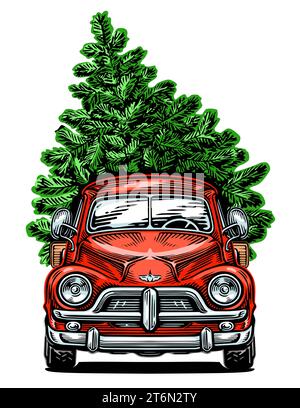 Das Retro-Auto trägt den Weihnachtsbaum. Frohes neues Jahr und frohe Weihnachten. Handgezeichnete Vektorgrafik Stock Vektor