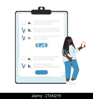 Überblicken Sie die Zwischenablage auf weißem Hintergrund. Qualitätstest. Antworten des Kunden. Vektorabbildung. Stock Vektor